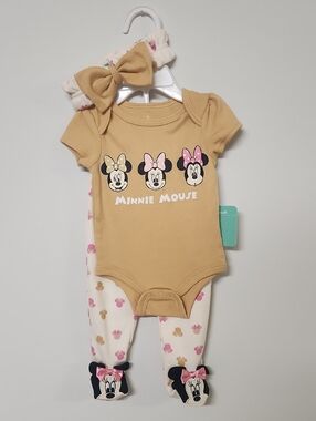 Disney Tan Minnie Mouse Short-Sleeve One-Piece with Bow Headband & Printed Pants
